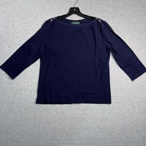 Lauren Ralph Lauren Top Women's Large Pullover 3/4 Sleeve Boat Neck Navy